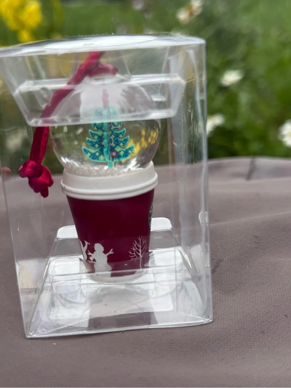 Starbucks Red Mini Snow Globe Cup Ornament with Green Tree